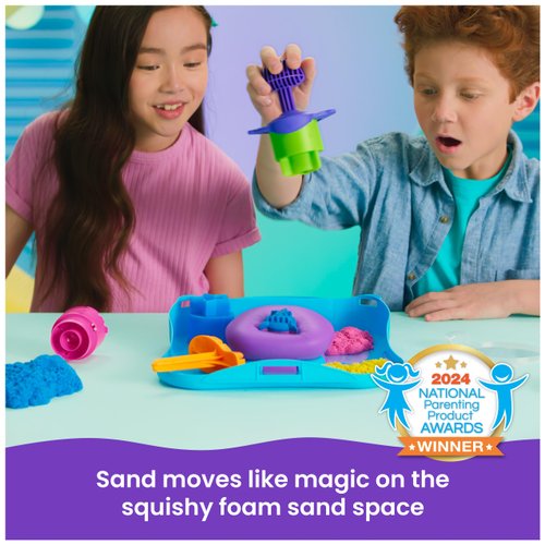 Kinetic Sand, SquishMotion Playset with 1lb Pink, Yellow, Blue Play Sand, Stamper, 5 Tools & Storage, Sensory Toys, Christmas Gifts for Kids Ages 3+