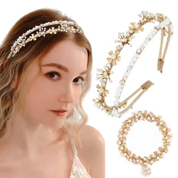 Firuilo Gold Double Headbands Rhinestones Pearl Hair Band with Beaded Hair Ties Flower Head Band for Women and Girls (White)