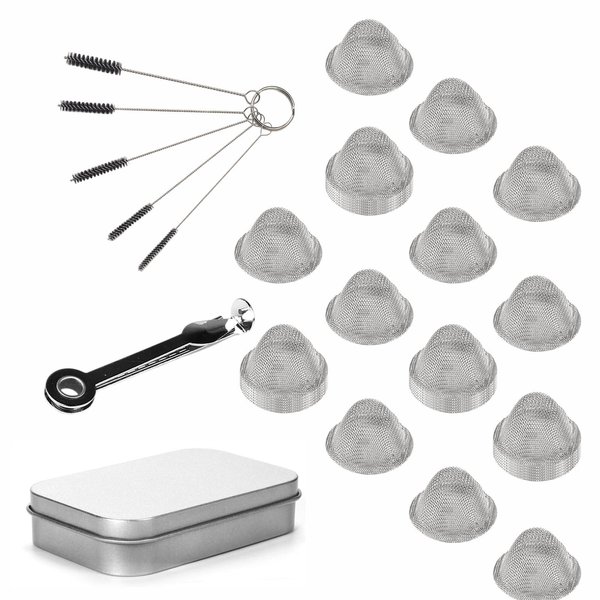 40 Pieces 5/8 Inch Stainless Steel Mesh Clean Screens with Tapered Design, 0.63 Inch Size, Along with A 3-in-1 Cleaning Tool, Brush, and Stainless Steel Storage Box Adjustable Size