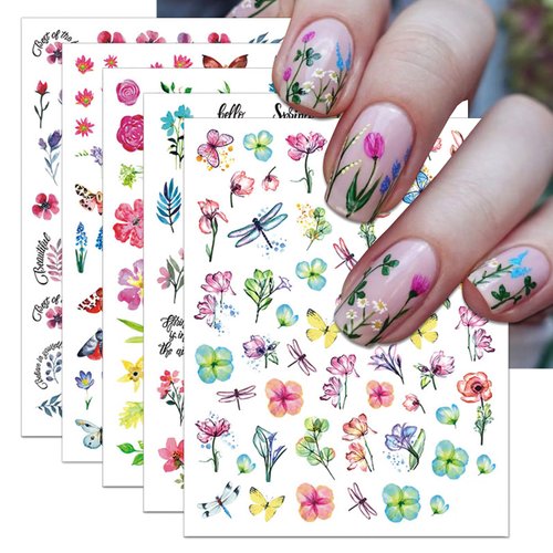 IDDFEVE 12 Sheets Flower Nail Art Stickers, Self-Adhesive Variety Colorful Floral Nail Decals, 3D Design Butterflies Dragonfly Nail Decorations for Women