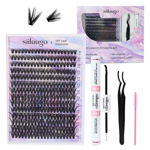 SIILUUGO DIY Lash Extensions Kit 280PCS Individual Lashes Clusters,9-16mm MIX 40D Fluffy and Natural False Eyelashes,with Lash Bond and Seal,Tweezers Applicator For Wispy Pestañas Pelo a Pelo At Home