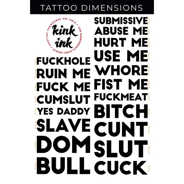 Kink Ink - 19 x Block Word Temporary Tattoo Lettering in Black Sexy Kinky A4 Sheet