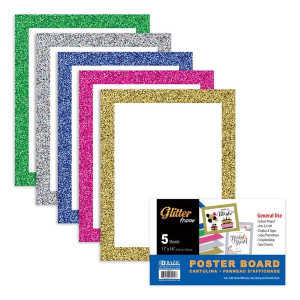 BAZIC Poster Board Glitter Color 11" X 14", Sparkling Frame Colored Poster Board Paper for Christmas Wedding Birthday Craft Project (5/Pack), 1-Pack