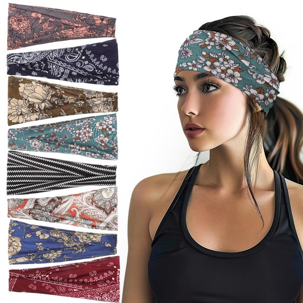 obeoby Headbands for Women, 8 Pack Boho Style Headbands Non Slip Fashion Wide Headband Hair Wrap for Daily Use Sport Yoga Running
