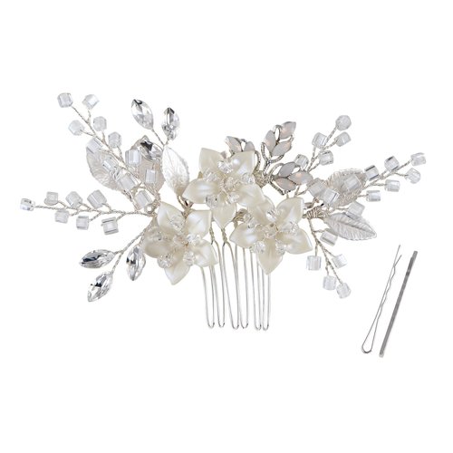 Alilang Bridal Hair Comb with Silvery Tone White Flowers and Pave Crystal Rhinestone