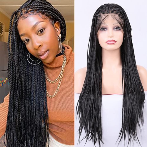 SIMBEAUTY 180% Density Black Box Braided Wigs Pre Plucked Braids Lace Front Wigs for Black Women with Baby Hair Glueless Micro Braids Synthetic African Replacement Hair (26inches-free)