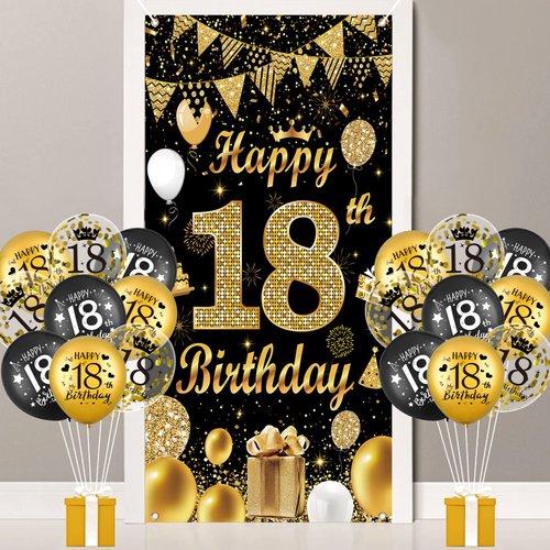 18th Birthday Party Decorations for Boys and Girls Black Gold Happy 18th Birthday Door Cover Banner with 18pcs 18th Birthday Black and Gold Balloons for 18th Birthday Anniversary Party Decor Supplies