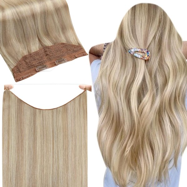 Fshine Secret Extensions Human Hair Wire Hairpieces Ash Blonde Highlighted Bleach Blonde 12Inch One Piece Clip in Real Hair Extensions Fish Line Layered Human Hair Extensions for Short 70Grams