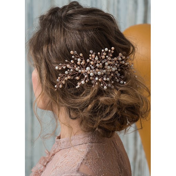 Kercisbeauty Wedding Bridal Bridesmaid Pink Champagne Pearl Beads Rose Gold Hair Comb Updo Hair Accessory Prom Headpiece (Silver)