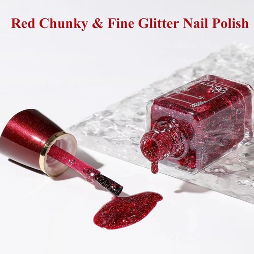 Glitter Nail Polish, Red Reflective Quick Dry Nail Polish, Iridescent Nail Polish, Bright Red Sparkly Nail Polish, Air Dry Chunky Glitter Sparkle Gel Nail Polish for Women Girls, 14ML