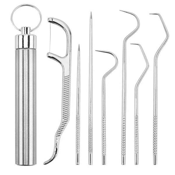 bonmall Dental Teeth Pick Stainless Steel Toothpick Set Reusable Tooth Stains Remover Dental Tool Teeth Cleaning Tools with Holder for Outdoor Picnic, Camping, Travel (7PCS/Set)