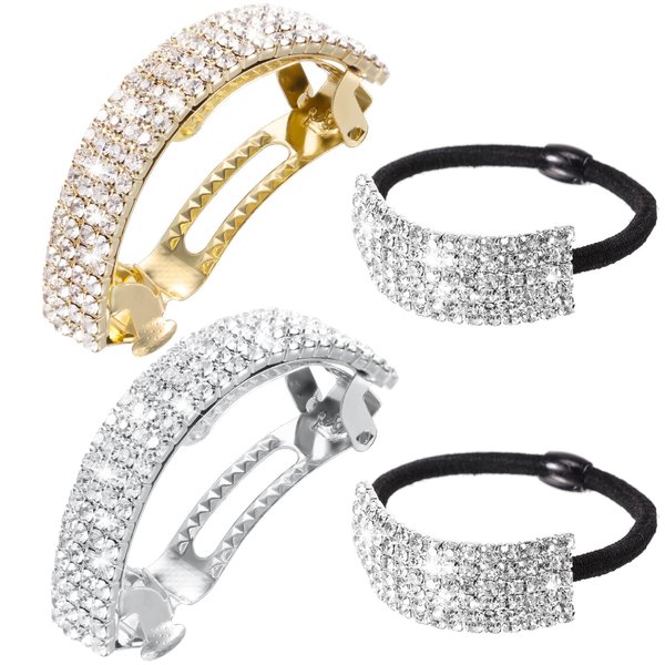 4 Pieces Rhinestone Barrette Glitter Hair Tie Metal Spring Hair Clip Crystal Ponytail Holder Headband Women Wedding Hair Accessories Birthday Mother's Day Gift for Women Girls