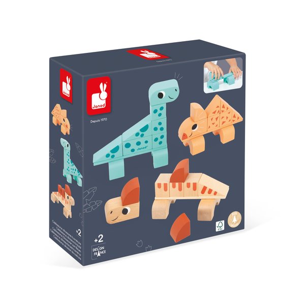Janod Dino - 31 Piece Wood Dinosaur Stacking Blocks - Assemble 3 Cute Dinos - Ages 2-5 Years - J05833