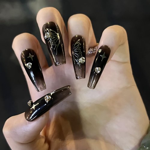Black Long Press on Nails Coffin Fake Nails with Butterfly Designs False Nails Rhinestones Designs Acrylic Nails Black Full Cover Glossy Artificial Nails Reusable Glue on Nails for Women 24Pcs