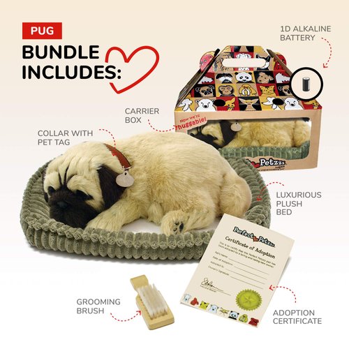 Original Petzzz Huggable Pug Puppy, Dog Toys for Kids and Elderly, Realistic Dog Stuffed Animals, Battery-Operated Stuffed Dog, Companion Interactive Pets with Synthetic Fur - Perfect Petzzz