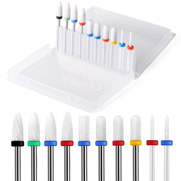 ERUIKA 10Pcs Ceramic Nail Drill Bits，3/32 Nail Drill Bits Set for Acrylic Gel Nails Professional Rotary Burrs Electric Manicure Pedicure Nail File Cuticle Remover Crystal Nail Extension