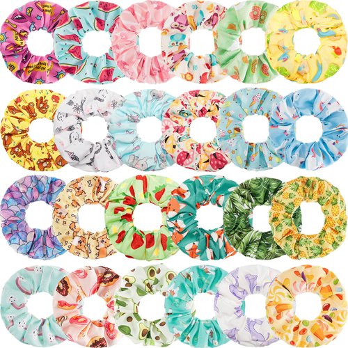 24 Pcs Hair Scrunchies Unicorn Rainbow Strawberry Fruits Colorful Animal Ponytail Holder Cute Hair Ties Pink Scrunchies with Patterns Accessories Scrunchies for Girls Women Kids (Round Style)