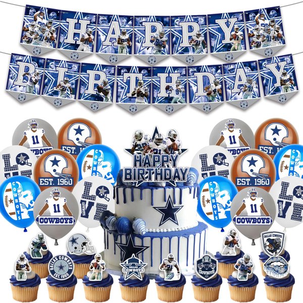 Cowboys Birthday Party Supplies, Dallas Rugby Theme Party Supply Set Incloudes Happy Birthday Banner, 1 Cake Topper, 12 Cupcake Toppers, 16 Balloons, For FootBall Fans Party Decorations