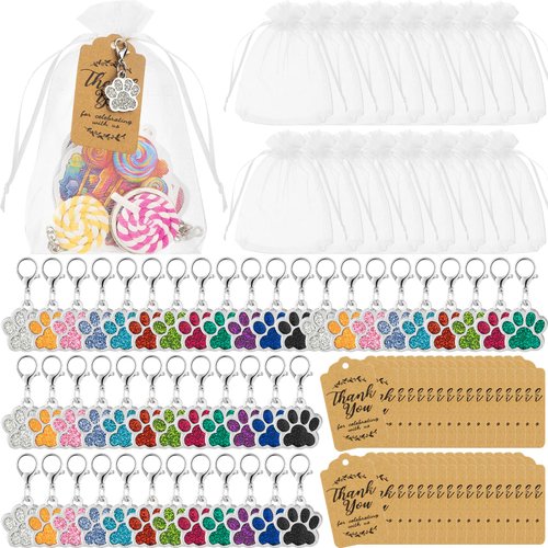 Ecation Dog Paw Party Favors Set Include Dog Keychain Organza Bags Thank You Kraft Tags Puppy Party Decorations for Birthday Party Decorations Reward Supplies(74 Pcs)