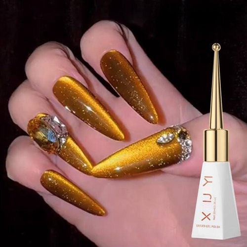 ASMAYSA Gold Cat Eye Gel Nail Polish, Magnetic Gold Glitter Polish for Nails, Long Wear Shiny Reflective Nail Polish for Women, Gold UV Gel Nail Polish, Gel Design Nail Polish, 10ML