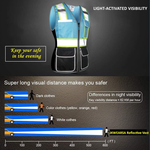 JKWEARSA Safety Vest For Women,High Visibility Reflective Work Vest With Multi Pockets And Zipper,Blue and Black,Small