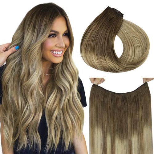 HOTBANANA Wire Hair Extensions, 18 inch 95g Walnut Brown to Ash Brown and Bleach Blonde Fish Line Hair Extensions Real Human Hair Straight Invisible Wire Hair Extensions Remy Hair Extensions