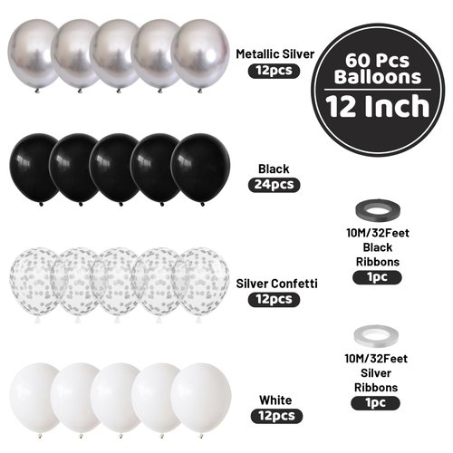 Funhot Black and Silver Balloons Set, 60PCS Black Silver Party Balloon, 12Inch Matt Black Latex Balloons Metallic Silver Confetti Balloons for Birthday Engagement Wedding Graduation Party Decoration
