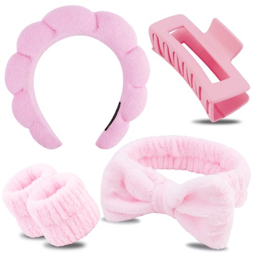 Chanaco Spa Headband, Skincare Headband, Makeup Headband, Headband for Washing Face, Wrist Bands for Washing Face, Face Wash Headband, Teen Girl Gifts Trendy Stuff, Pink Cute Hair Accessories