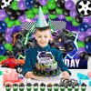 Heidaman 150Pcs Monster Truck Birthday Decorations，Monster Truck Party decorations，Monster Truck Birthday Party Supplies，Include Balloon arch,Backdrop, Cake Toppers，Tableware, Tablecloth