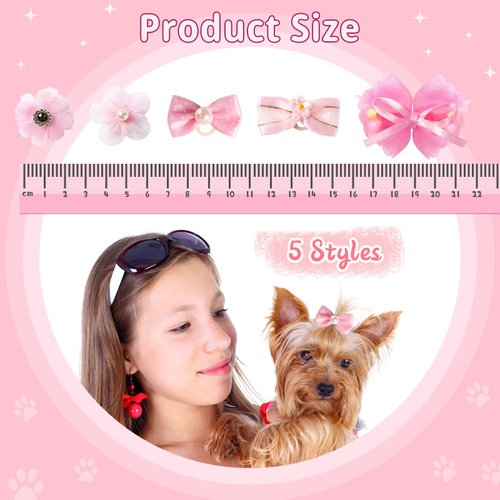 40 Pieces Dog Bows Cute Puppy Dog Bowknot Hair Bows Handmade Hair Accessories Bow with Rubber Bands Lace Organza Puppy Bows Rhinestone Pearls Dog Hair Ties Multicolor Dog Hair Grooming Accessories