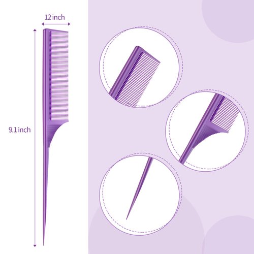 3 Pack Tail Comb Carbon Fiber Rat Tail Styling Comb Heat Resistant Anti Static Teasing Comb for Back Combing Root Teasing Adding Volume Evening Styling (Purple)