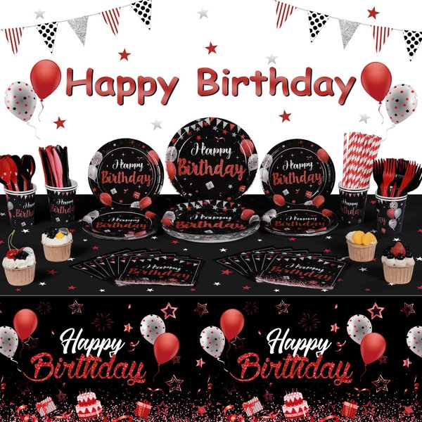 Capoda Birthday Party Supplies Happy Birthday Tableware Set Confetti Starry Tablecloth Plates Cups Napkins Dinnerware for Kids Adults Birthday Party Supplies Decor (Red and Black)
