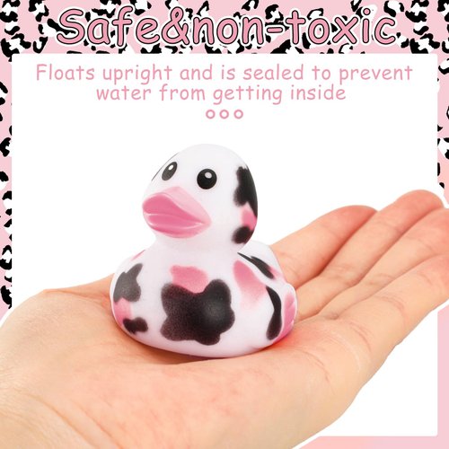 Poen 24 Pcs Cow Ducks Mini Cow Rubber Duck Bulk Cowboy Rubber Duck Fun Cow Print Duck Baby Bath Toy Cow Theme Baby Shower Birthday Bathtub Party Favors Swimming Pool Party Decorations (Black,Pink)