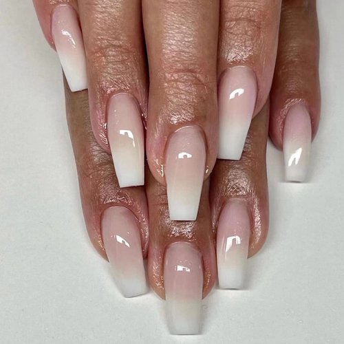 MERVF Coffin Press on Nails Long Fake Nails Ombre French Tip Ballerina Glue on Nails with Gradient Designs Glossy 24pcs White Acrylic Nails Artificial False Nails for Women