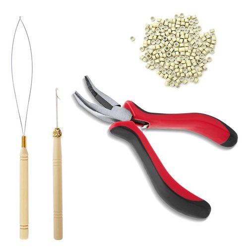 Hair Extension Tool Kit, Bead Device Tool, Silicone Lined Links Beads, Curved Hair Plier, for Tinsel and Feather Hair Extensions or Removal (Beige)