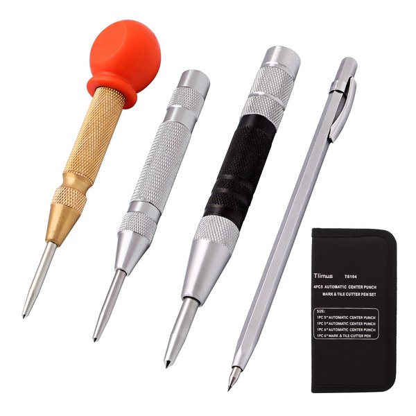 Tlimus 4 Pack 5 Inch and 6 Inch Automatic Center Punch Tool Adjustable Spring Loaded Punch and Metal Engraving Pen for Metal Wood Working with Hard-Shell Carry Case