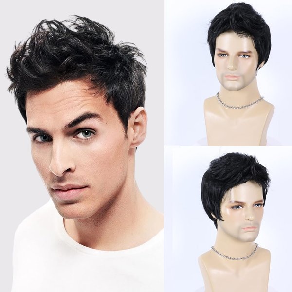 BEAUTY FLAG Black Wigs for Men Short Layered Synthetic Male Guy Wig for Cosplay Costume and Daily Wear