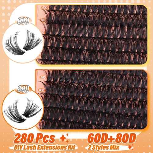 Mavphnee Fluffy Lash Extensions Kit 280Pcs Cluster Eyelash Extensions Thick D Curl Lash Clusters Volume 10-18MM DIY Individual Lashes Kit with Bond and Remover, Eyelash Tweezers(60D&80D 0.07D)