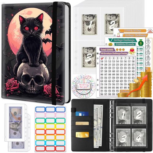 100 Envelope Money Saving Challenge Binder, PU Leathers A5 Money Saving Budget Binder with Cash Envelopes & 3 Reusable Budgeting Planner Trackers, Halloween Spooky Black Cat Skull Fun Planner Book