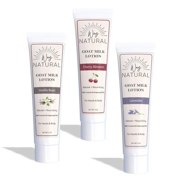 Way Natural Goat Milk Lotion, Variety - Real Milk, Soothing & Creamy Hand/Body Milk Lotion - Goat Milk Hand Cream - Lavender, Cherry Almond, Vanilla Bean (3, 2 Oz Tubes)