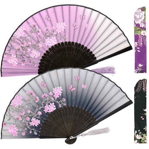 Leehome Small Folding Hand Fans for Women -Chinese Japanese 2pcs Vintage Bamboo Silk Fans - for Dance, Music Festival, Wedding, Party, Decorations,Gift. (Grey & Purple Sakura Butterflies)