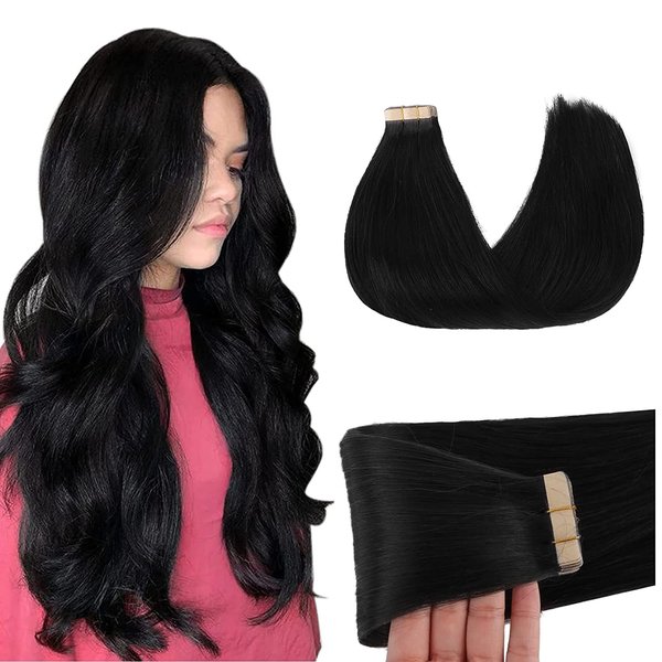 GOO GOO Tape in Hair Extensions Human Hair, 1 Jet Black, 10inch 20pcs 30g, Silky Straight, Thick Ends, Natural-Looking, Double-Sided Tape in