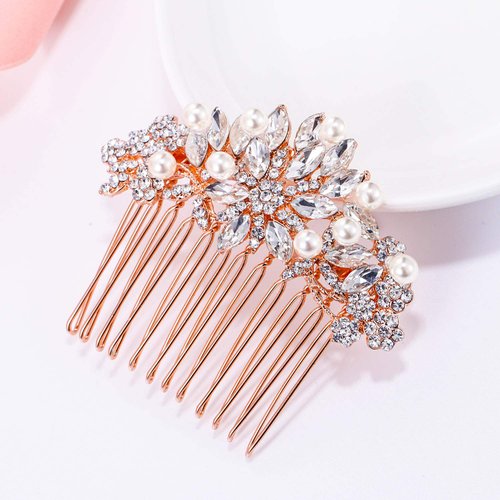 EVER FAITH Wedding Hair Piece Crystal Cream Simulated Pearl Flower Bridal Hair Comb for Bride Bridesmaids Rose Gold-Tone