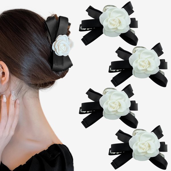 4 Pcs Camellia Flower Hair Claw Clips White Flower Black Bow Hair Claws Vintage Retro Camellia Hair Clasp Holder Cute Bowknot Hair Clips Elegant Flower Accessories for Thick Thin Hair Women Girls