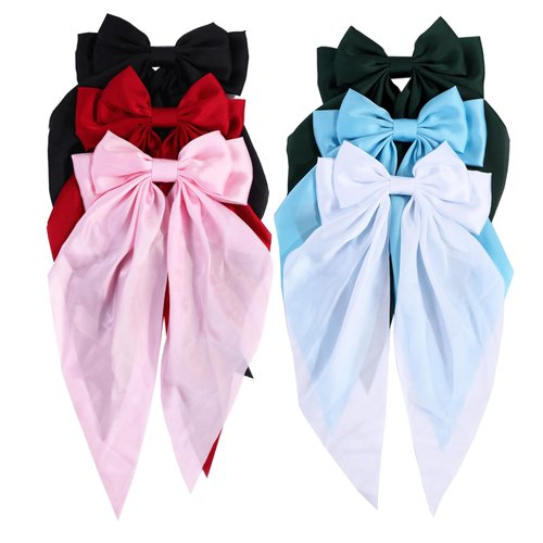 Silky Satin Hair Bows for Women,Big Ribbon Bow Hair Clips for Girls, Oversized Long Tail Hair Barrettes Cute Hair Accessories (Black Red color 6pcs)