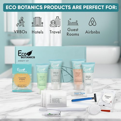 Eco Botanics Amenity & Accessory Kit | 0.85 oz Travel Size Shampoo, Conditioner, Lotion, Body Wash, Body Bar, Cleansing Bar, Shave & Dental Sets, Make-Up Remover Wipes, & Vanity Kit | 1 set per case