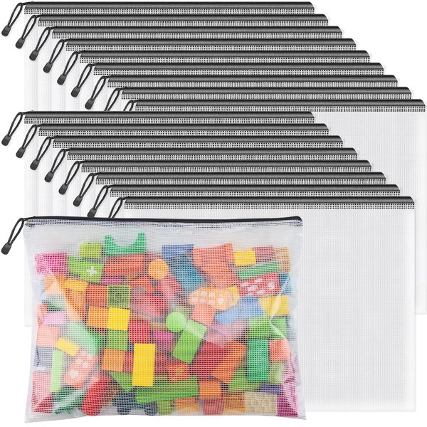 Umriox Zipper Mesh Document Pouch, 16.9x12.4 in (Black, 18 Packs), Clear Zipper Pouches, Waterproof Travel Pouch for Office Supplies, Puzzles, Board Games & Craft Projects