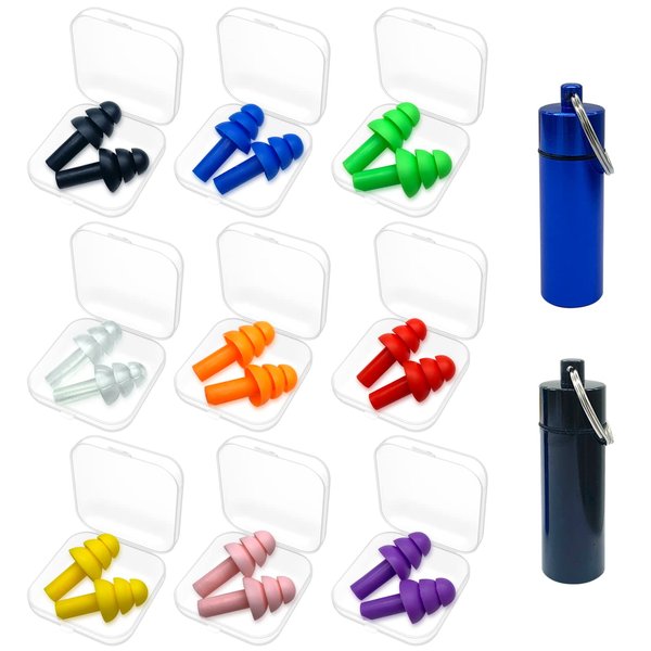 Earplugs for Sleeping, 9 Pairs Silicone Ear Plugs for Swimming with Aluminum Carry Case Noise Reduction for Learning, Hearing Protection, Concerts, Airplanes, Shooting for Woman, Man, Kids (9)
