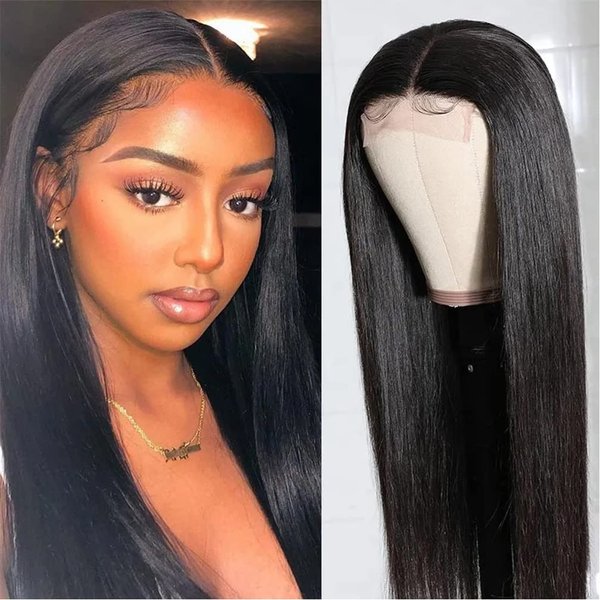 24 Inch Lace Front Wig with Baby Hair Synthetic and 2 wig hairnets, Synthetic Artificial Wavy Human Hair Wigs Long Straight Dark Black Middle Part Lace Wigs Pre Plucked Heat Resistant Soft Hair