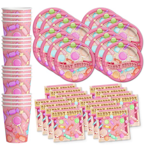 Candy Shoppe Birthday Party Supplies Set Plates Napkins Cups Tableware Kit for 16